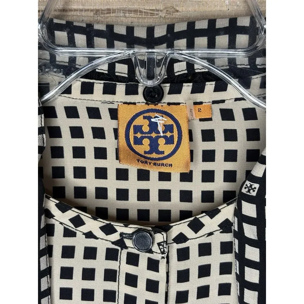Tory Burch Silk Scarf Checkered Grid Fringe Blouse Sz 2